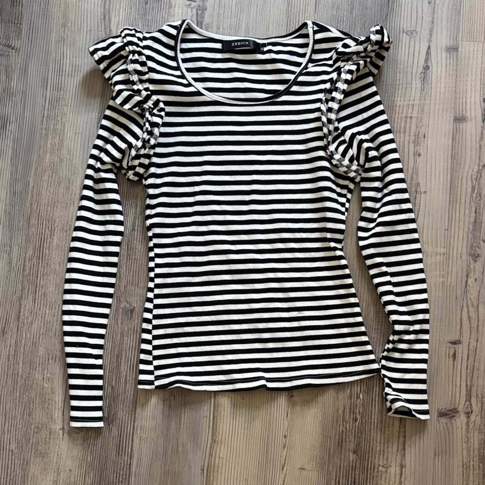 Black and White Striped Ruffle Sleeve Top